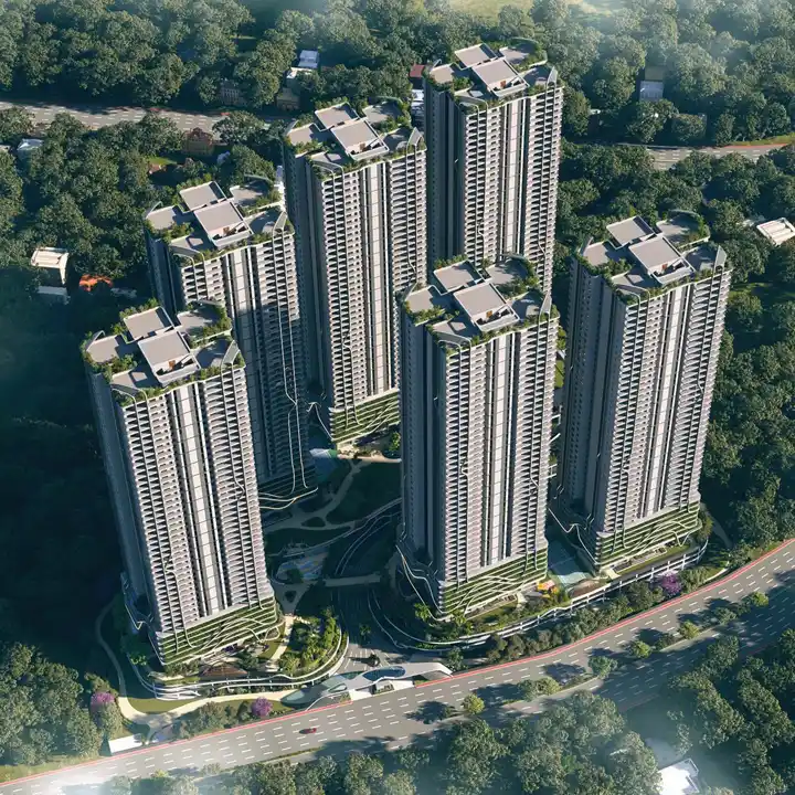 Fortune Suraj Bhan Grande daytime aerial view of the six towers set in greenery beside the main road