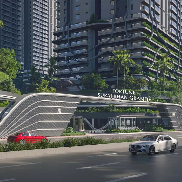 Fortune Suraj Bhan Grande entrance arch on the main road with the towers behind