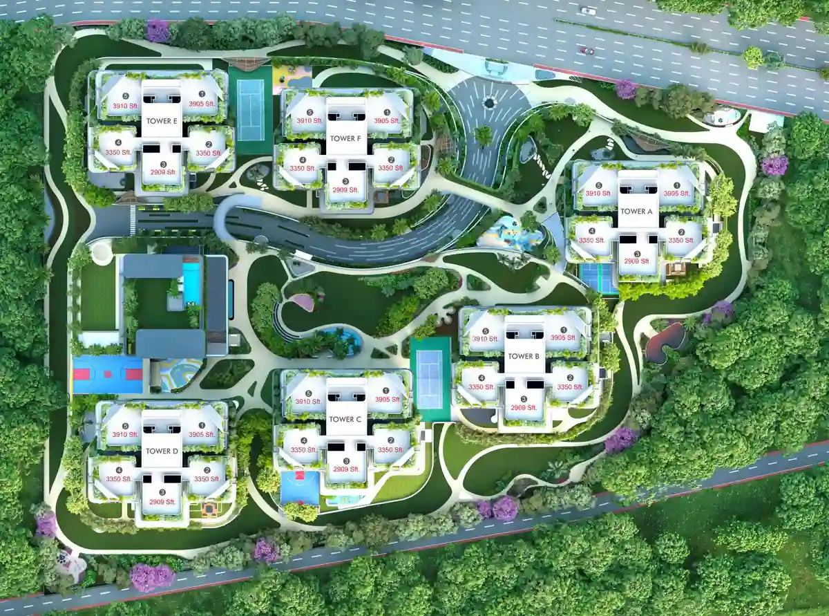 Fortune Suraj Bhan Grande master plan showing Towers A to F, Club Grande and the podium gardens