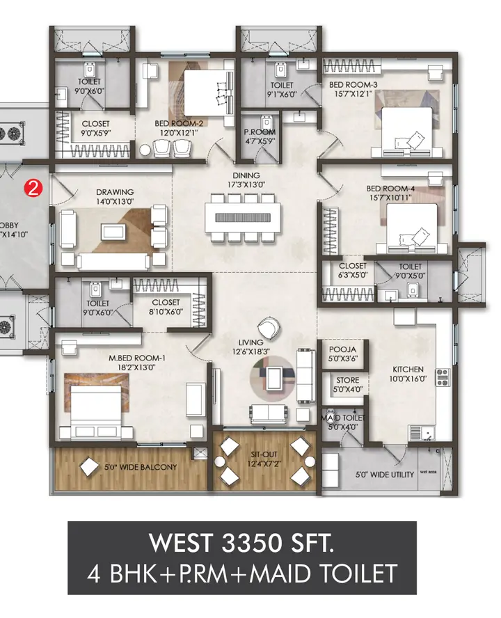 Floor Plan SSI Fortune Grande - 4BHK (3350 sqft) West Facing