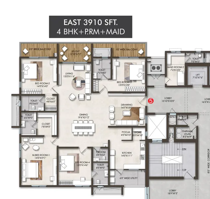 Floor Plan SSI Fortune Grande - 4BHK (3910 sqft) East Facing